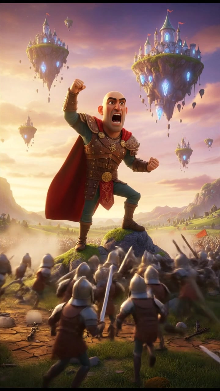 Carlos, towering over soldiers, shouts a challenge in the center of the battlefield.