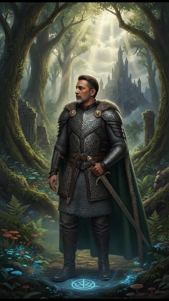 Raj stands in a lush, green forest, looking contemplative as sunlight filters through the trees.