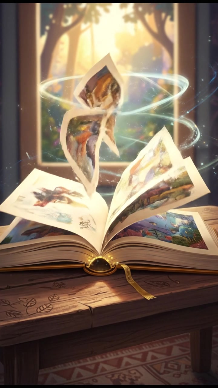 An open book lying on a wooden table, its pages gently fluttering as if by a magical breeze.