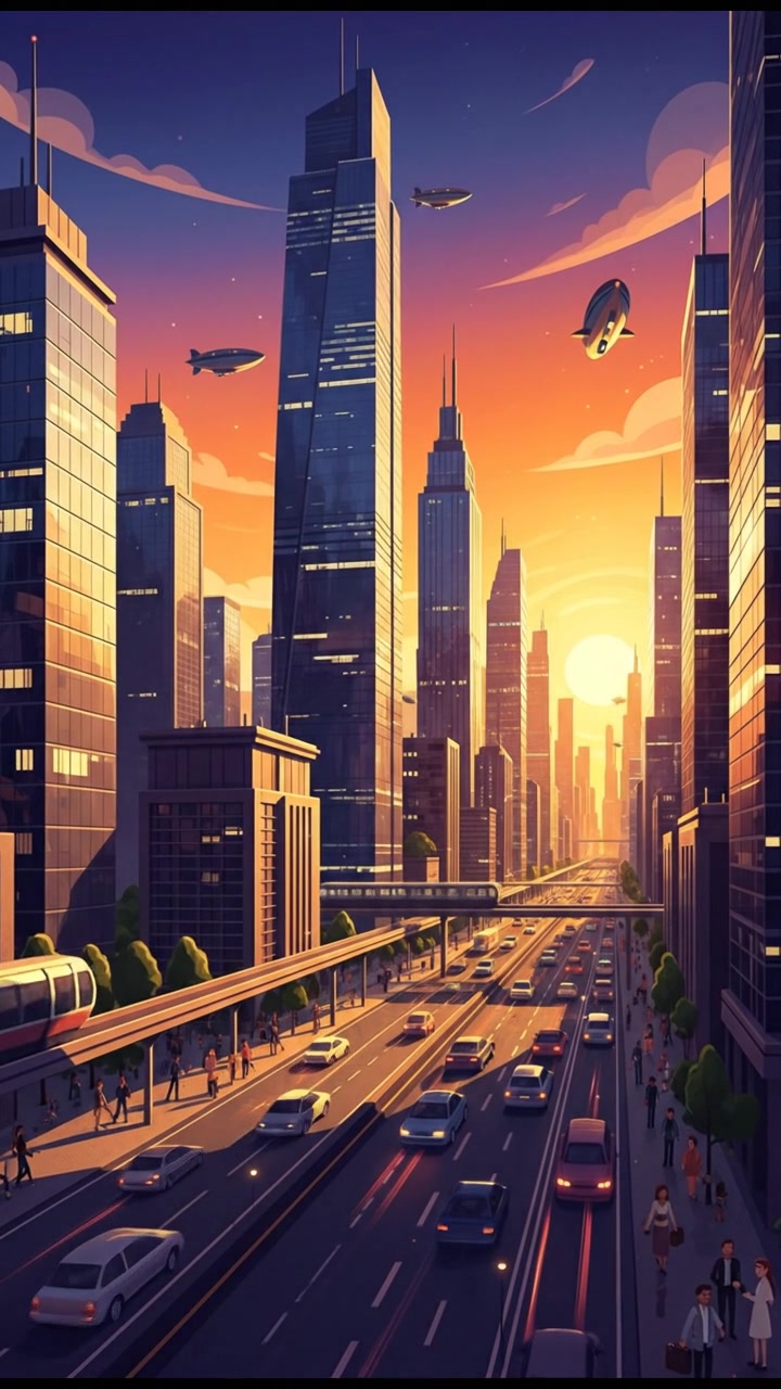 A bustling cityscape at sunrise, with tall buildings and busy streets filled with cars.