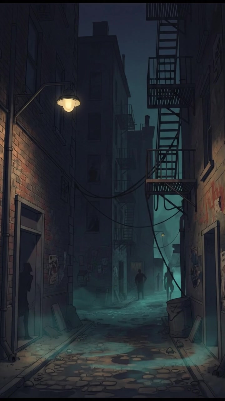 A dimly lit alley representing mystery and danger, with shadows lurking in the corners.