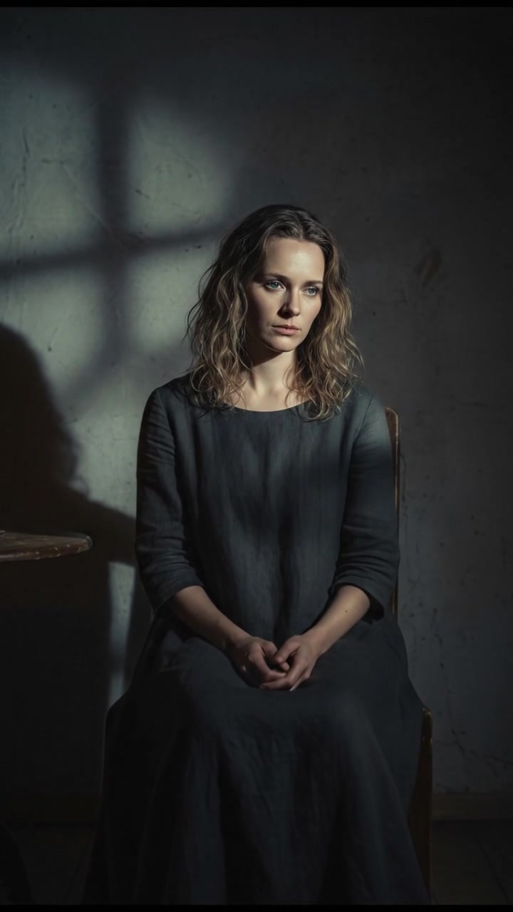 A dimly lit room with shadows on the walls, a woman named Ashley sitting on a chair looking pensive.