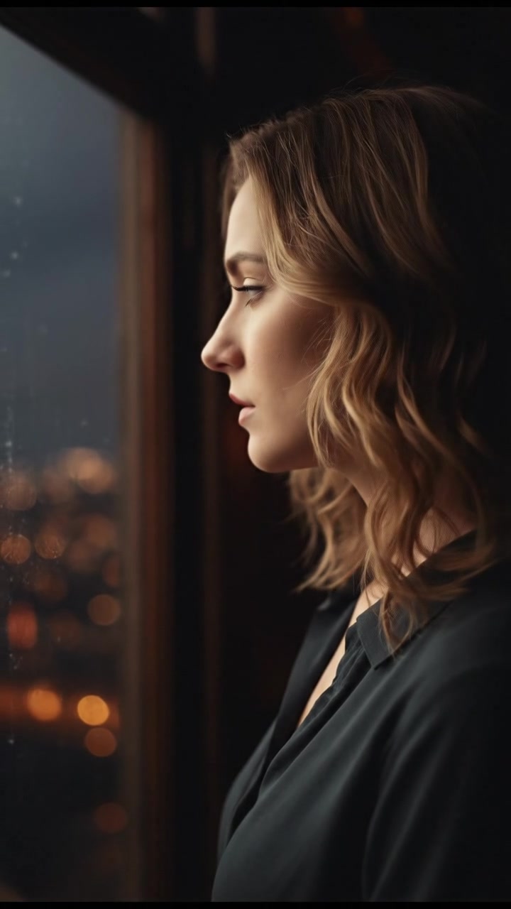 Ashley looking out a large window, her expression pensive, with the city lights blurred in the background.
