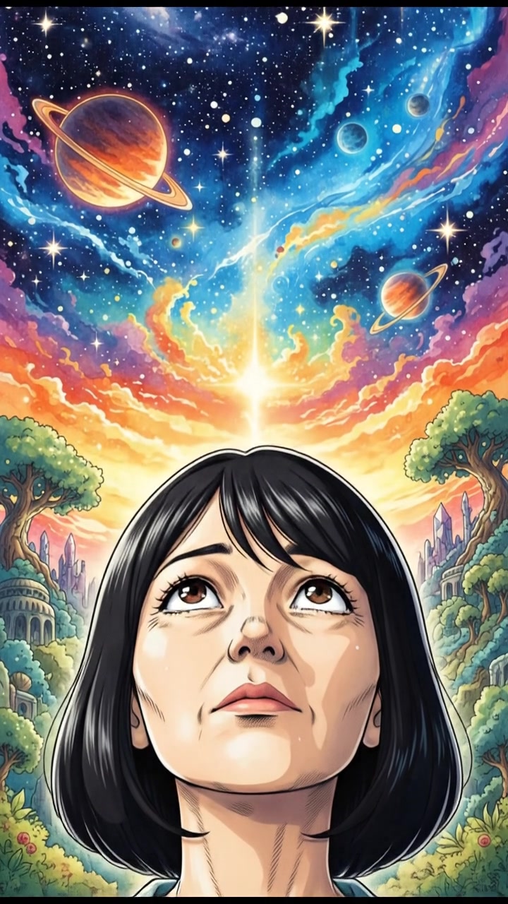 Close-up of Li's face, her expression weary as she contemplates the beauty above.