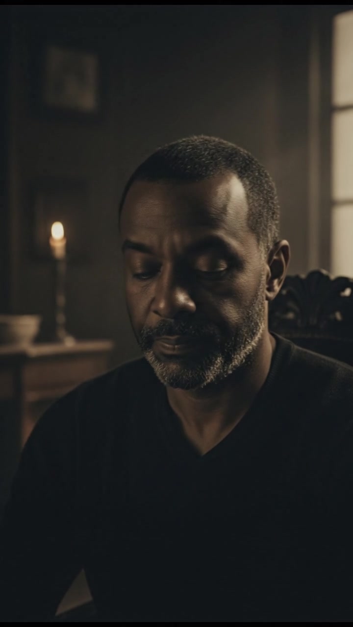 Close-up of the Kwame's face as he appears thoughtful, sitting in a dimly lit room.