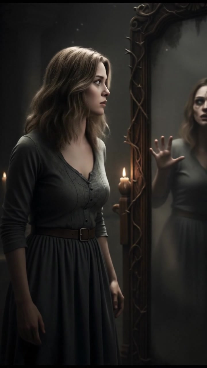 Ashley stands in a dimly lit room, looking uneasy at an ornate mirror with an eerie reflection.