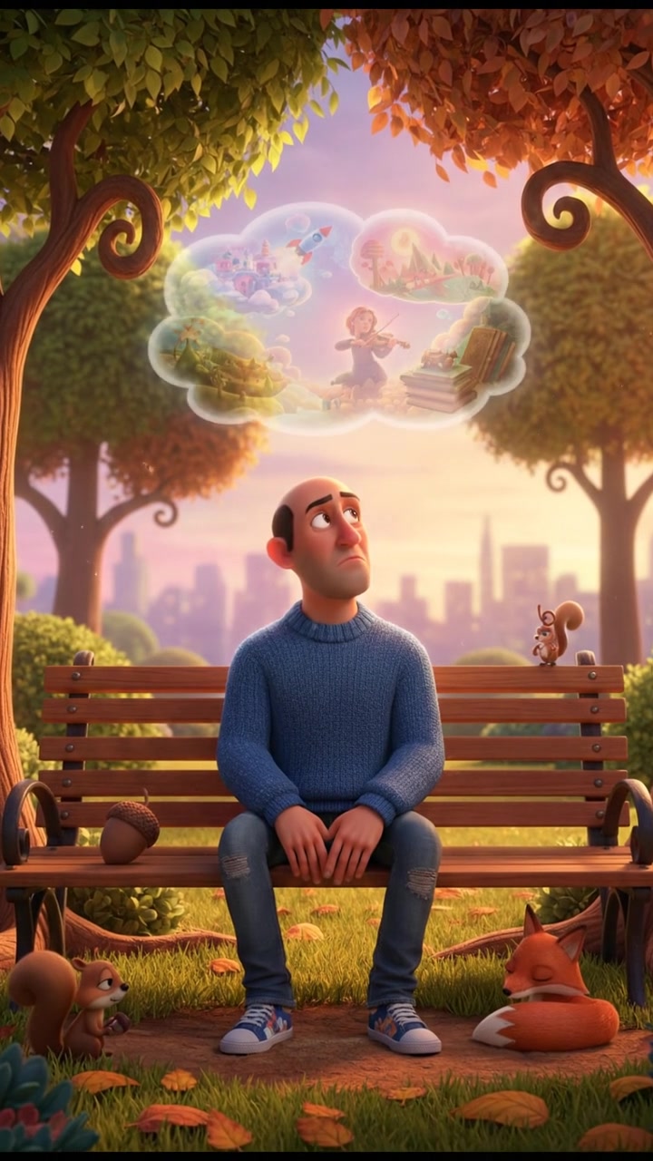 Carlos sitting on a park bench, surrounded by trees, lost in thought about his dreams.