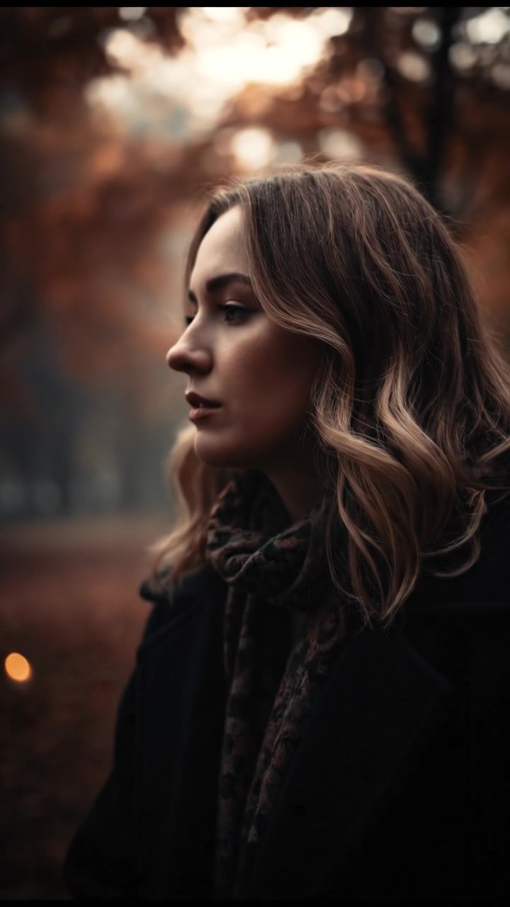 Ashley sits on a park bench, looking thoughtful, surrounded by autumn trees.