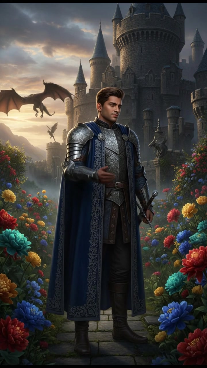 Arjun stands confidently in a lush garden, surrounded by blooming flowers, looking thoughtful.