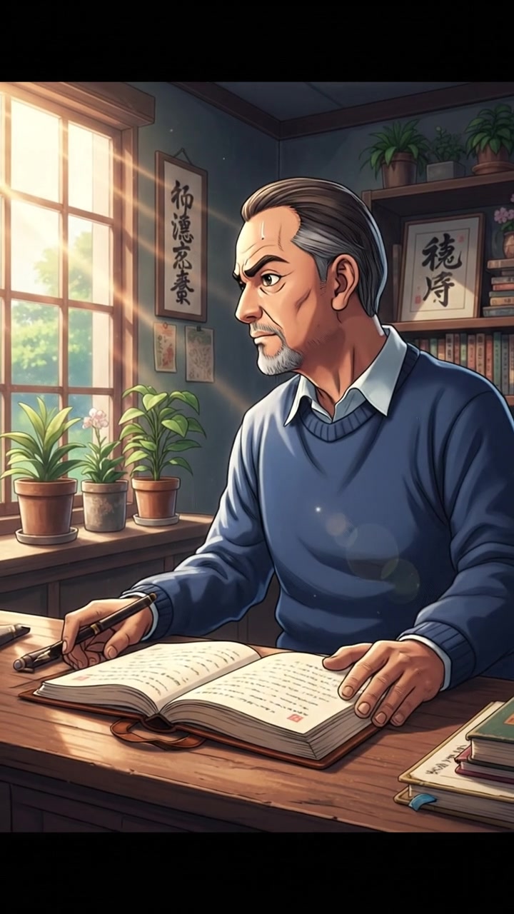 Raj sitting at a wooden desk, writing in a journal with a focused expression.