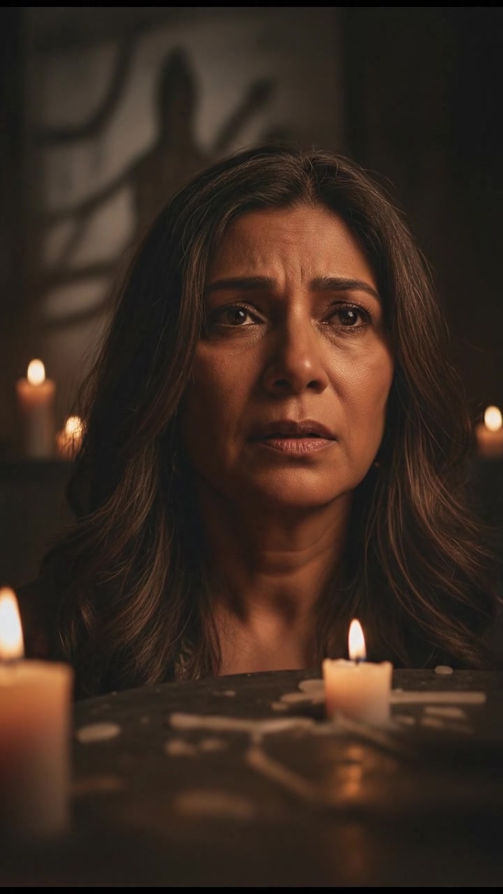 A close-up of Asha's worried face, with soft candlelight illuminating her features.