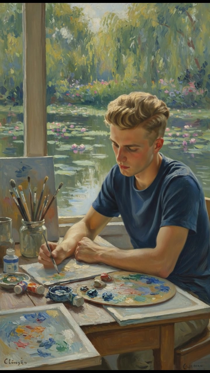 Ryan sitting at a table surrounded by painting materials, a pensive look on his face.