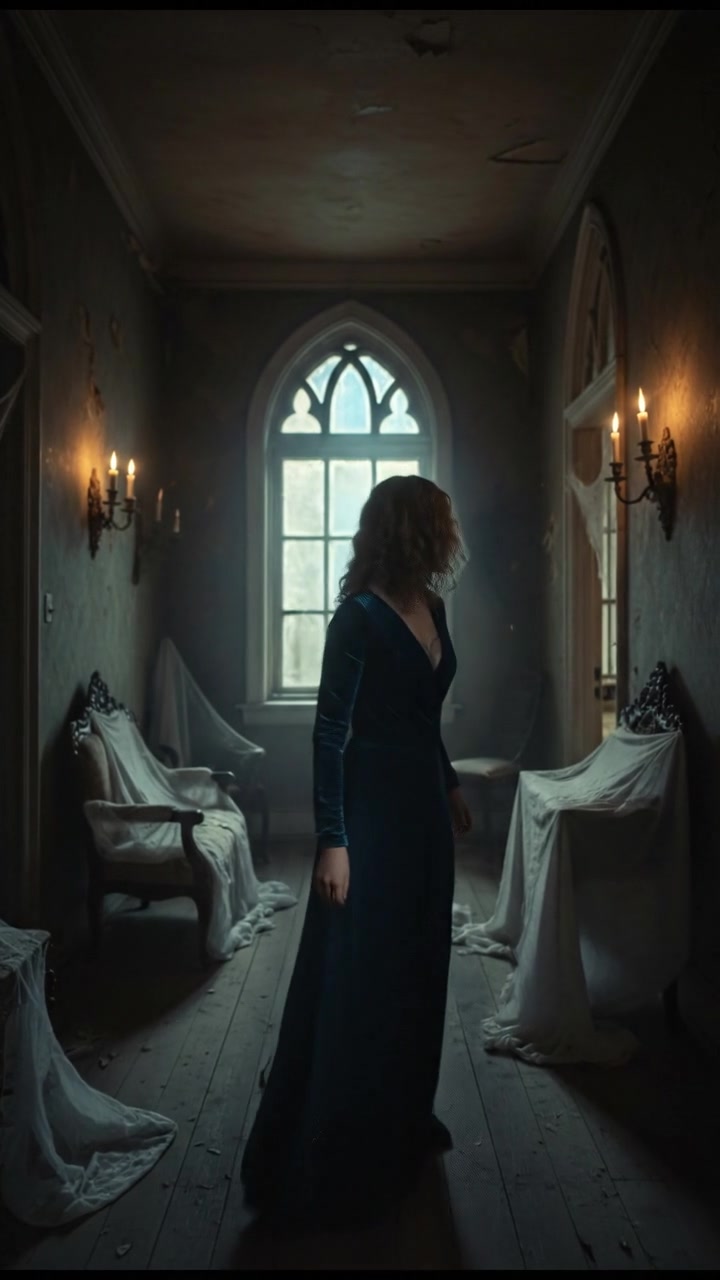 Ashley stands inside a dimly lit hallway of an old house, glancing nervously around.