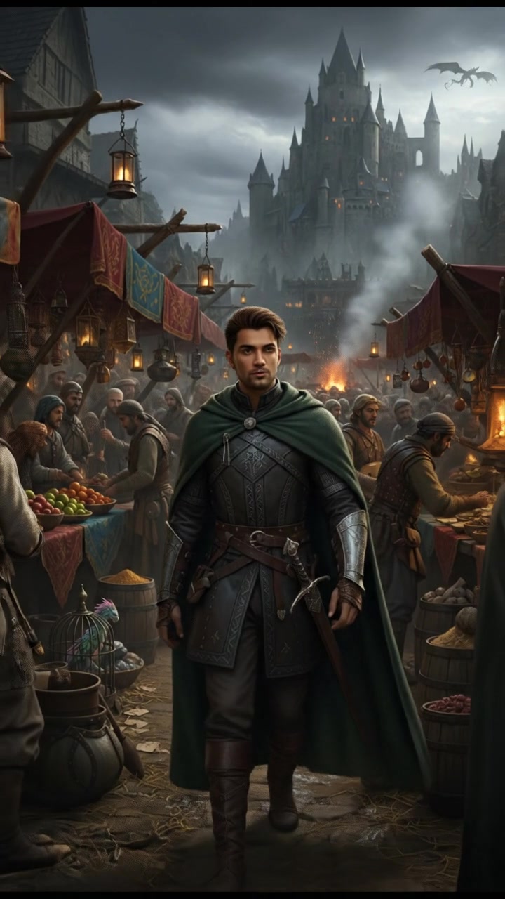 Arjun walking through a bustling market filled with vibrant stalls and people.