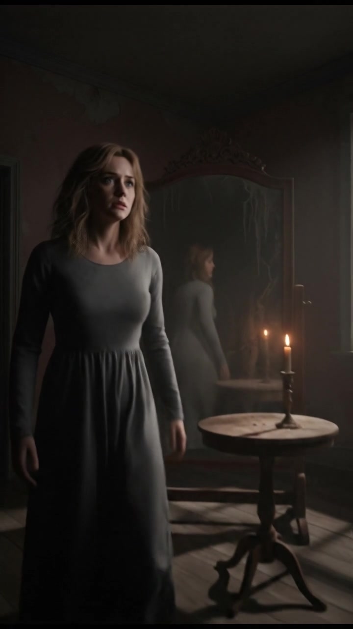 Ashley in a dimly lit room, nervously looking at a dusty mirror, her expression tense.