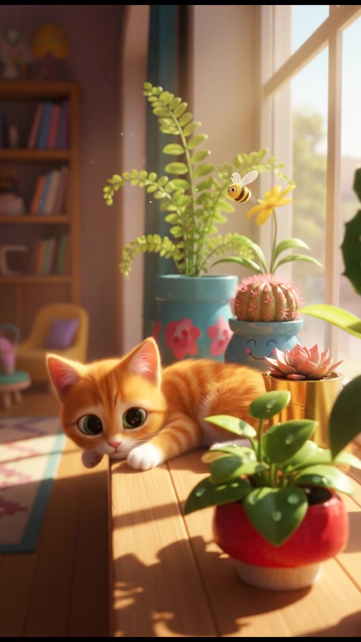 Whiskers the cat lounging on a sunlit windowsill surrounded by potted plants.