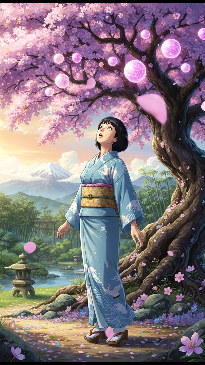 Li standing under a cherry blossom tree, looking up in surprise at unusual cherry blossoms blooming.