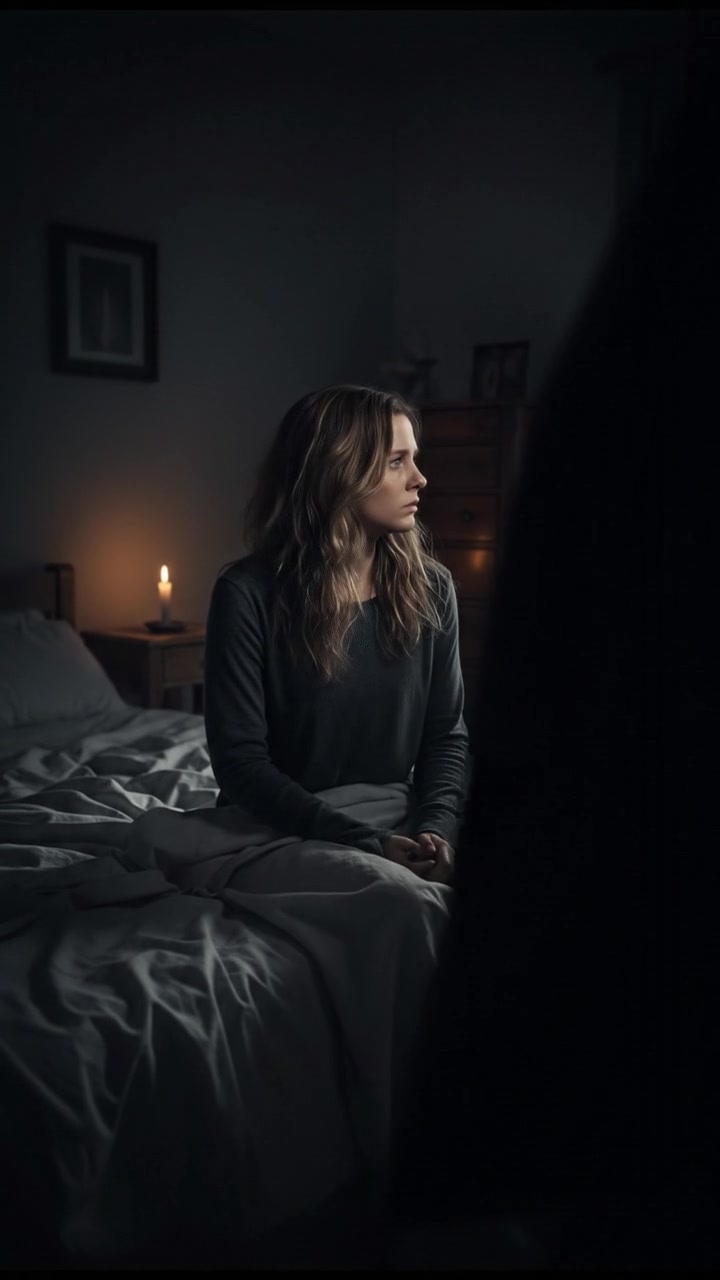 A dimly lit bedroom with Ashley sitting up in bed, looking anxious.
