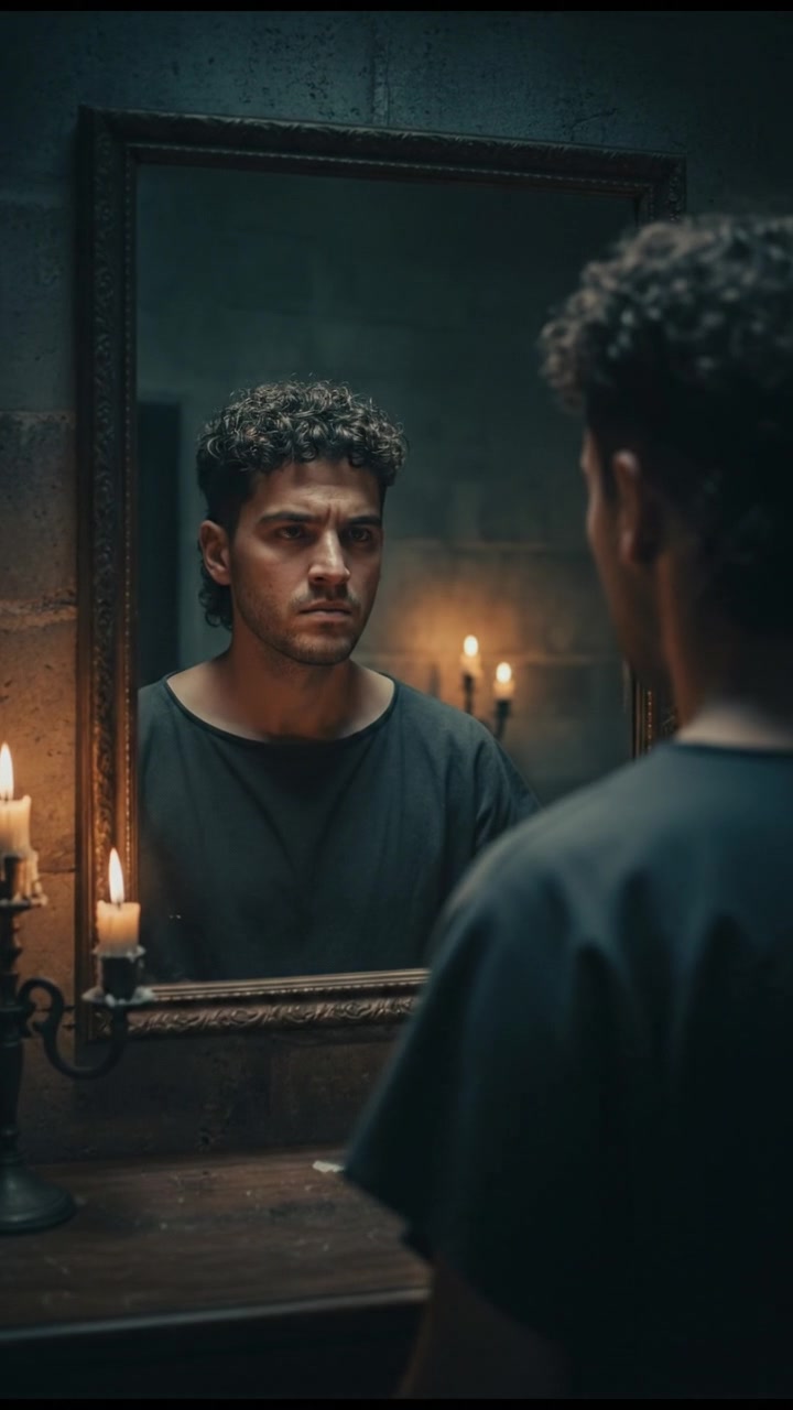 Mateo staring into a mirror, with a determined expression, ready to face his fears.