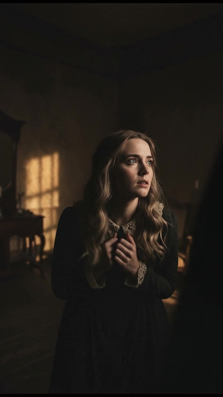 A close-up of Ashley looking around anxiously in the room.