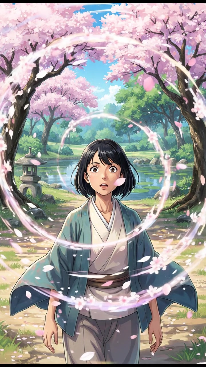 Li, surprised, standing in a park as blossoms swirl around her.