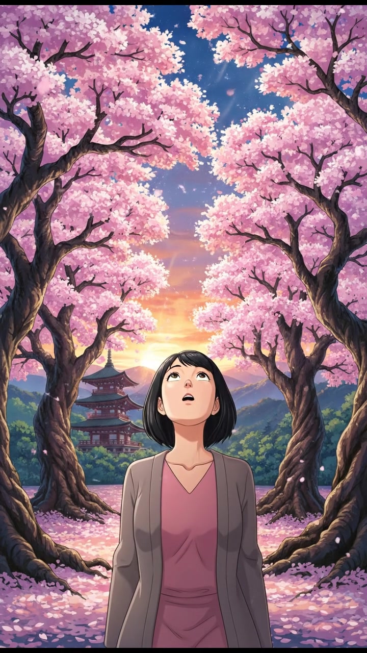 Li looking up at unexpected cherry blossoms cascading from trees, with a surprised expression.