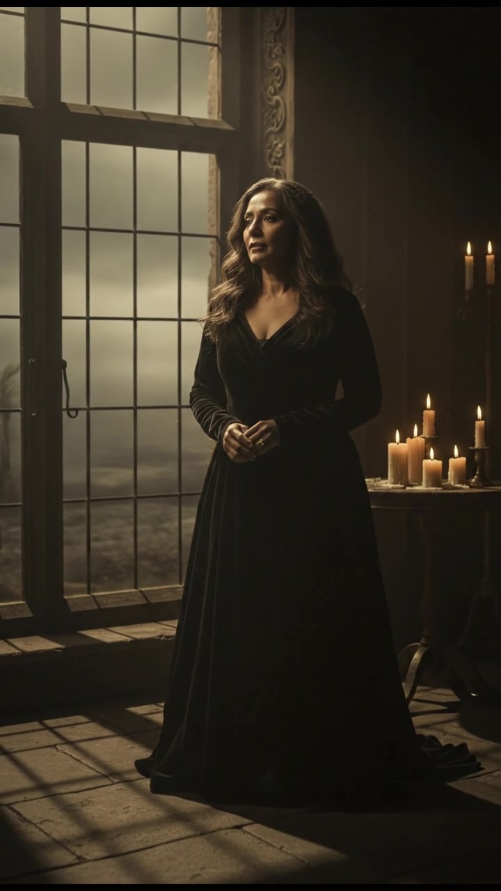 Asha gazing thoughtfully from her window, deep in contemplation.