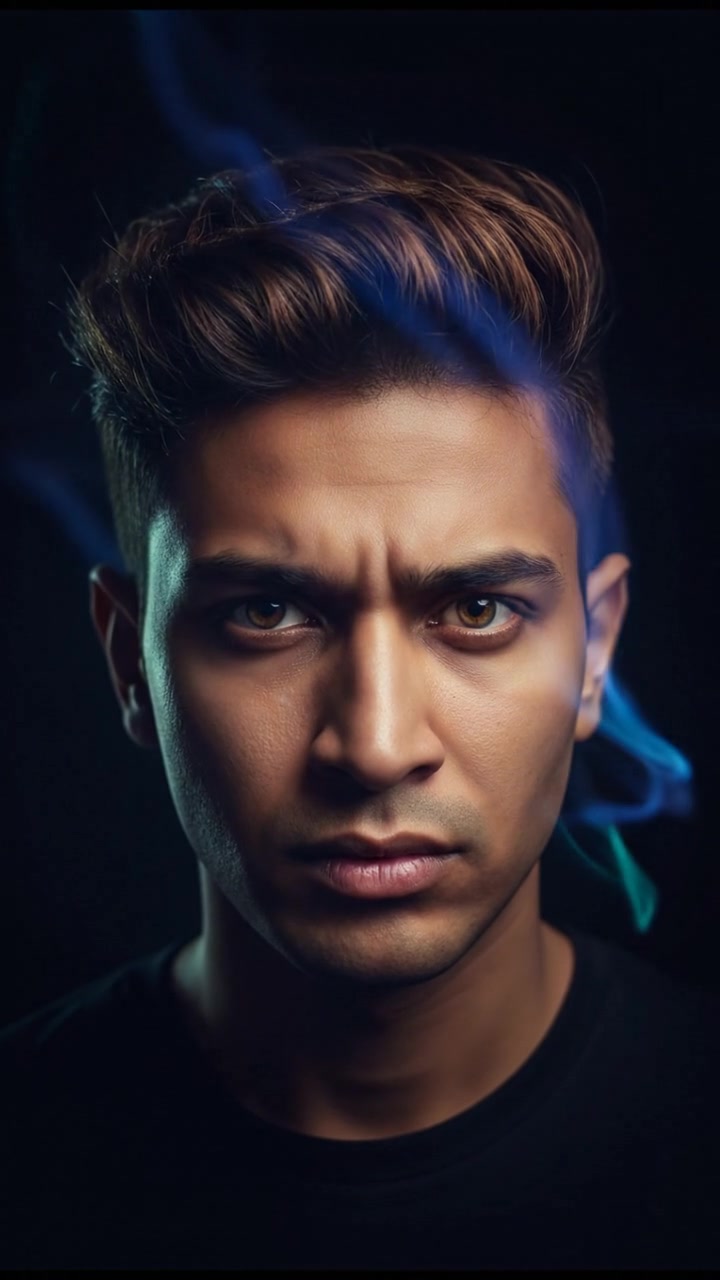 A close-up of Arjun's face, concentrating as he stares intently, conveying a sense of focus and determination.