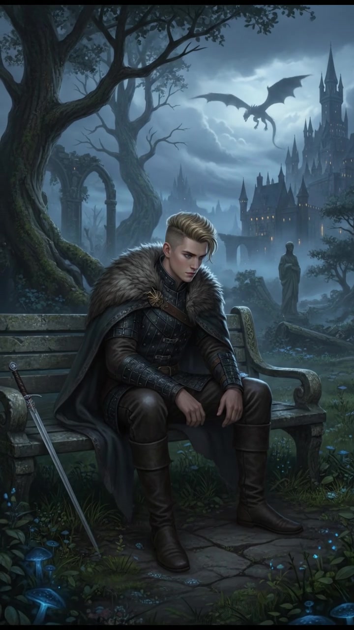 Ryan sitting on a park bench, looking pensively at the ground, surrounded by an empty park.