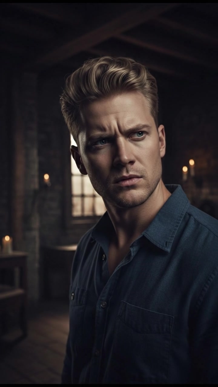 A close-up of Ryan standing in a dimly lit room, looking puzzled with a furrowed brow.