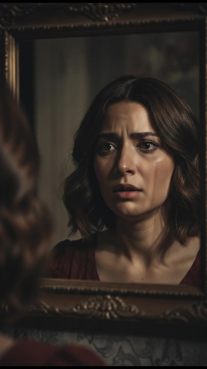 A close-up of Laila's face, gazing into a mirror with a worried expression, light catching her eyes.