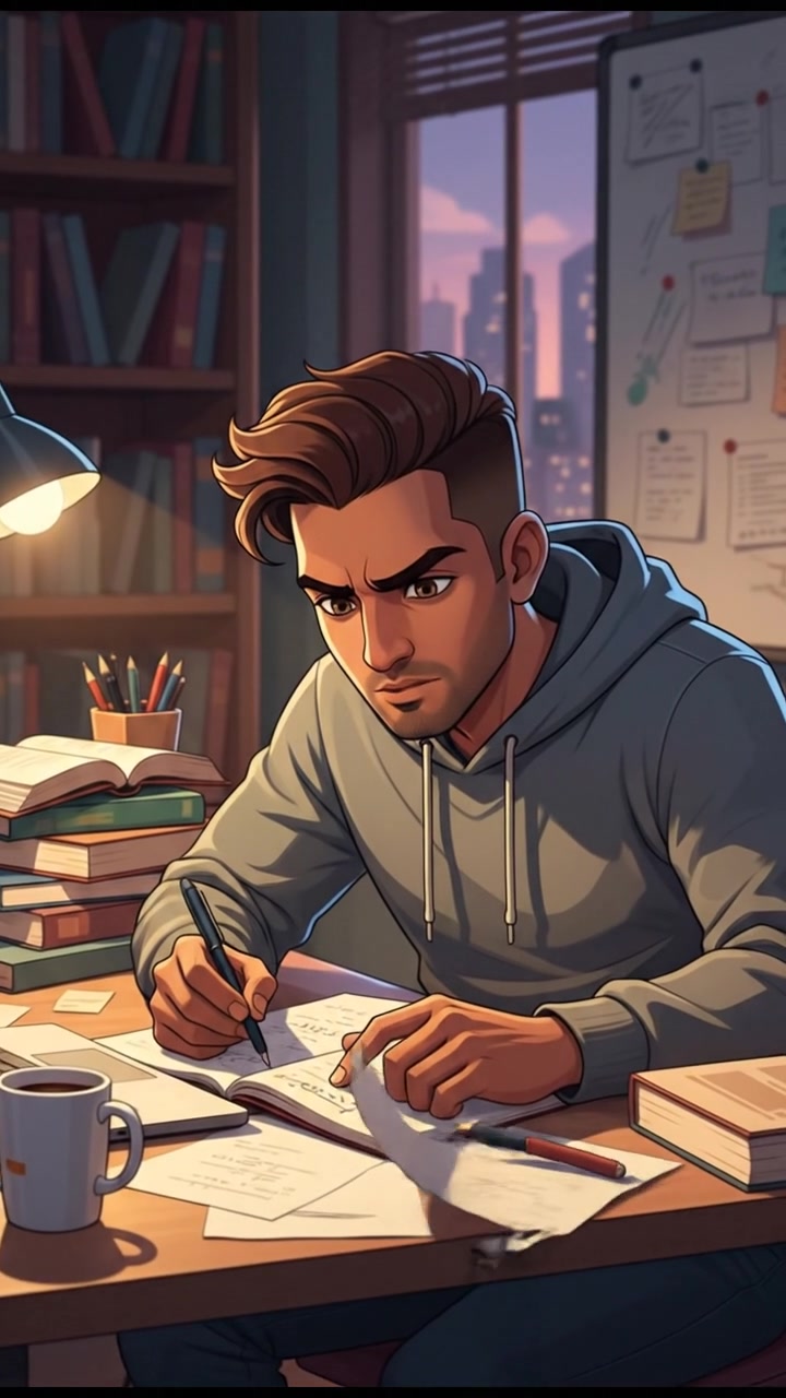 Arjun sits at a study desk, surrounded by books and study materials, focused on solving a problem.