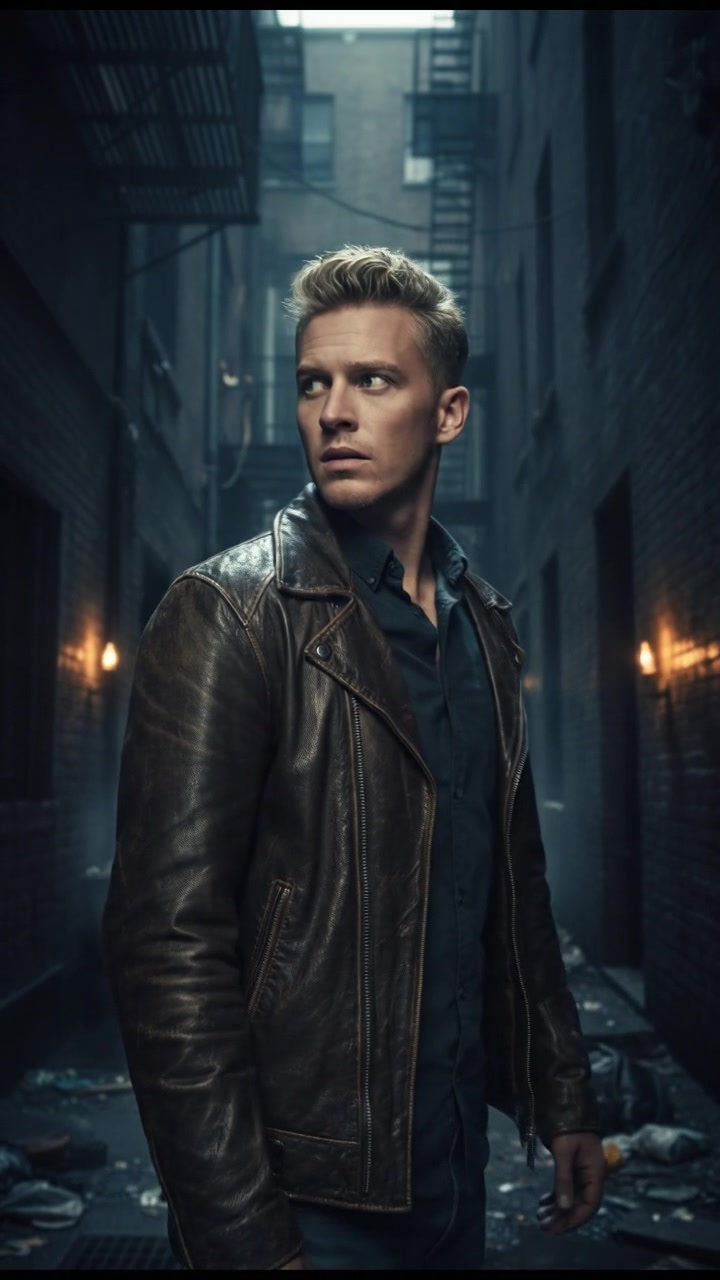 Ryan standing in a dimly lit alley, looking suspiciously over his shoulder.