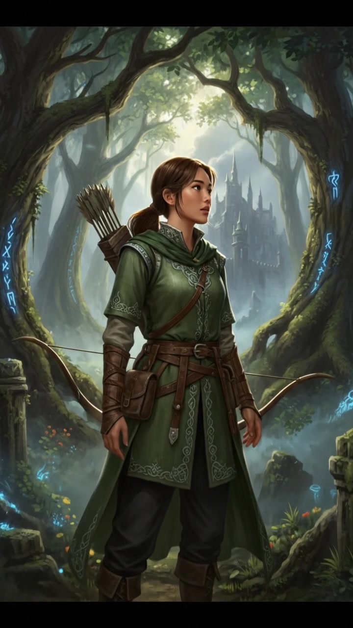 Mei stands in a dense part of the forest, looking around with a curious expression.