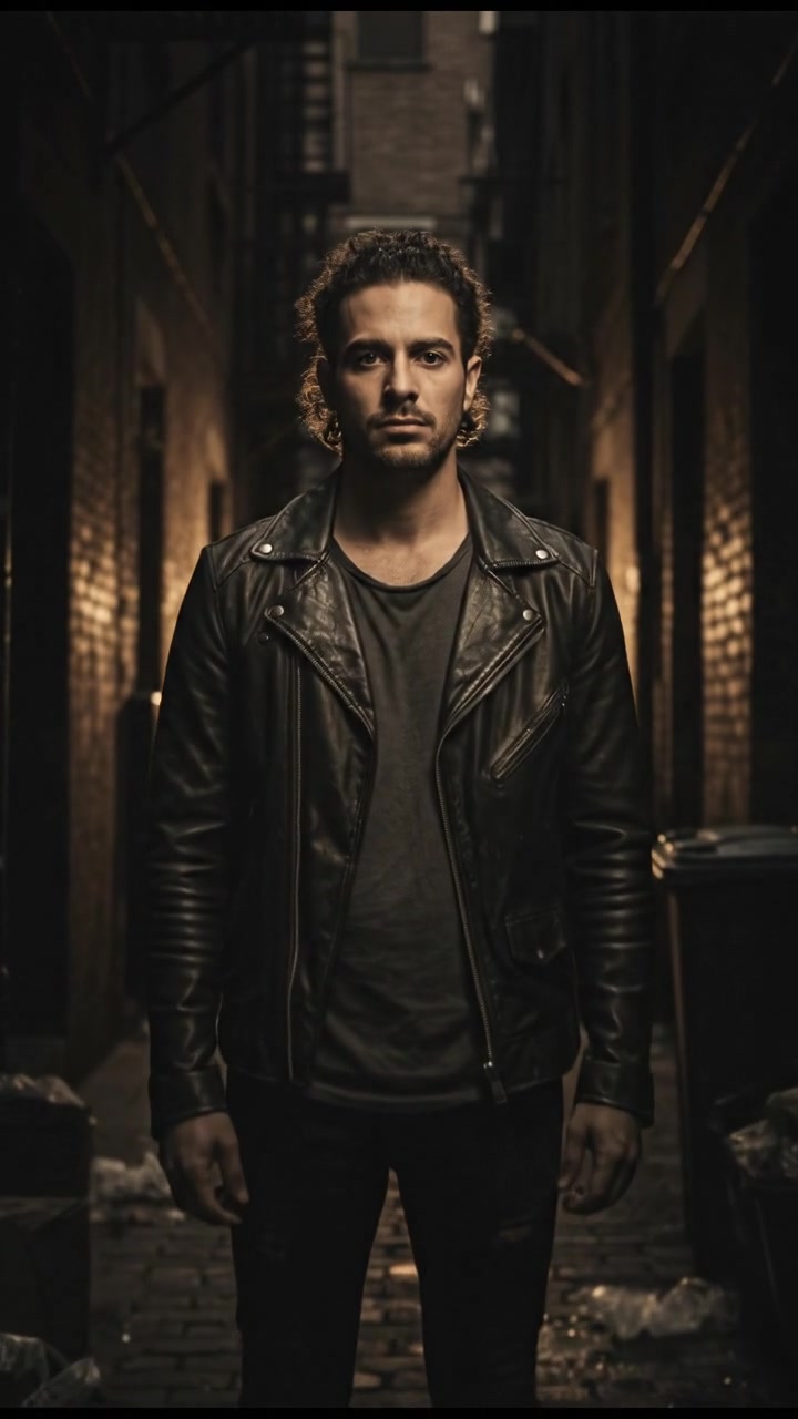 Mateo, with a brooding expression, standing in the shadows of the alley.