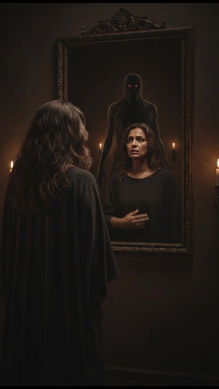 Asha stands in a dimly lit room, staring at a mirror with a shadowy figure behind her.