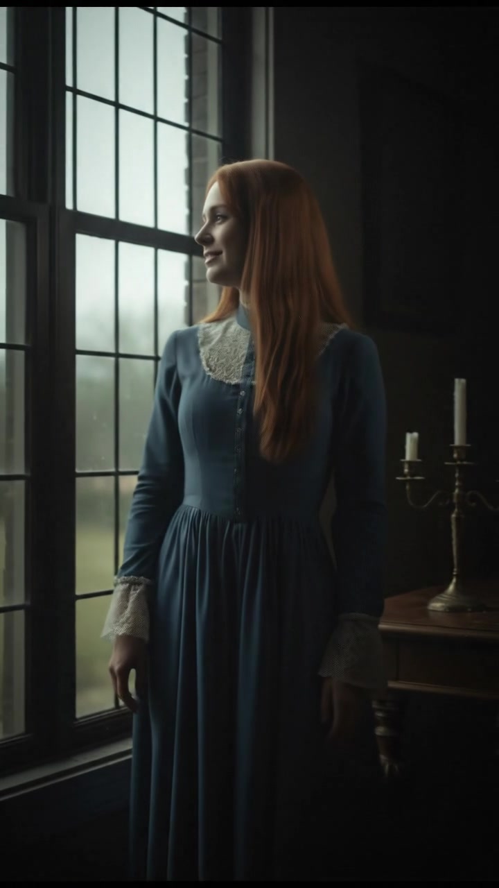 Emma standing by the window with a hopeful expression, looking outside.