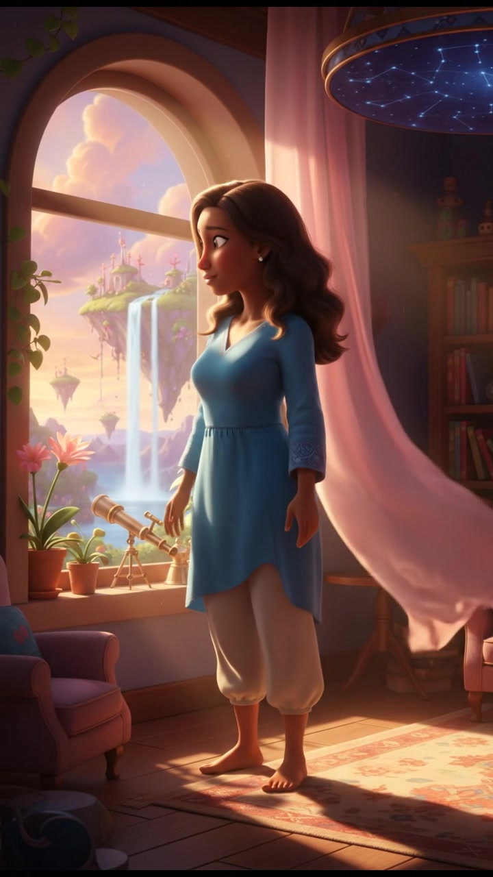 Monique standing in a sunlit room, gazing out of a window with a dreamy expression.