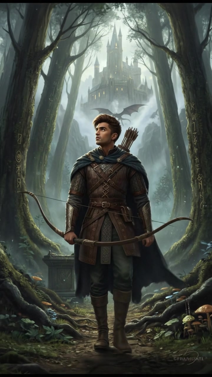 Arjun walking through a dense forest, holding a hunting bow and looking up at the trees.