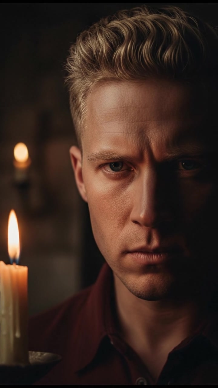 Close-up of Ryan’s face, showing a serious expression, with a dim light highlighting his features.