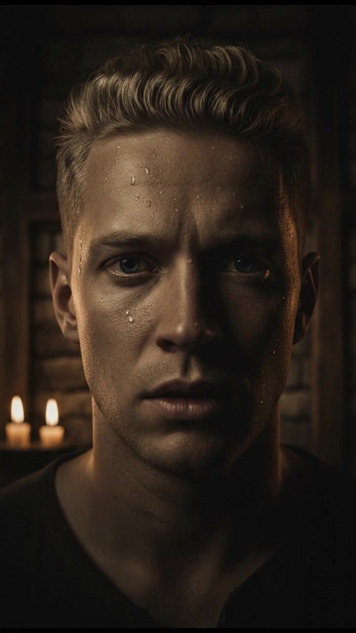 A close-up of Ryan with an uneasy expression, the shadows deep around him.