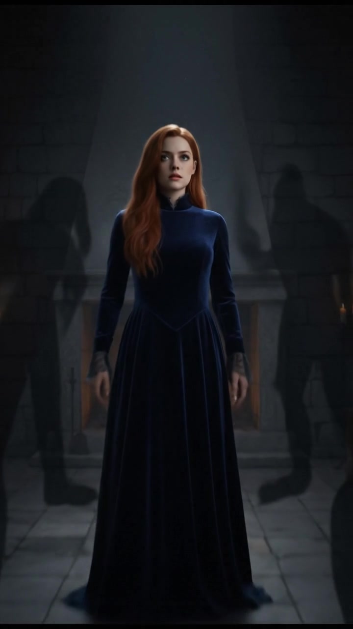 Eliza standing in a dim room, looking tense as shadows loom around her.