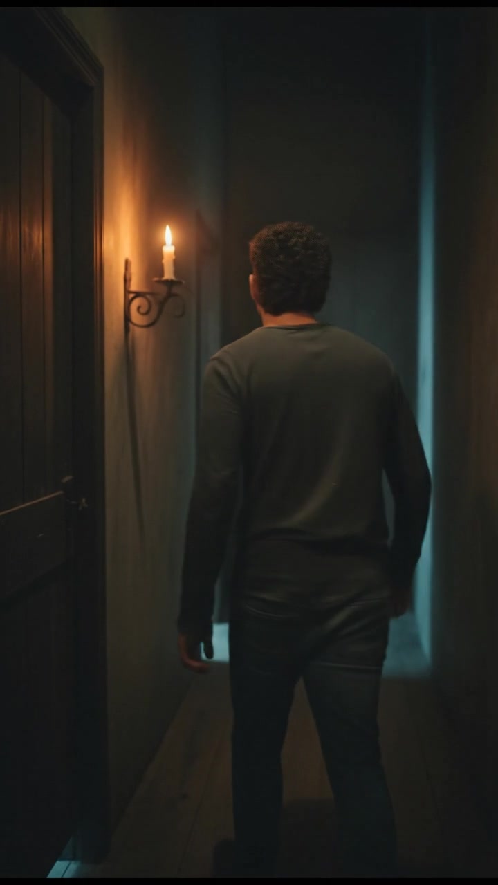 Mateo standing in a dimly lit hallway, looking startled near a closed door.