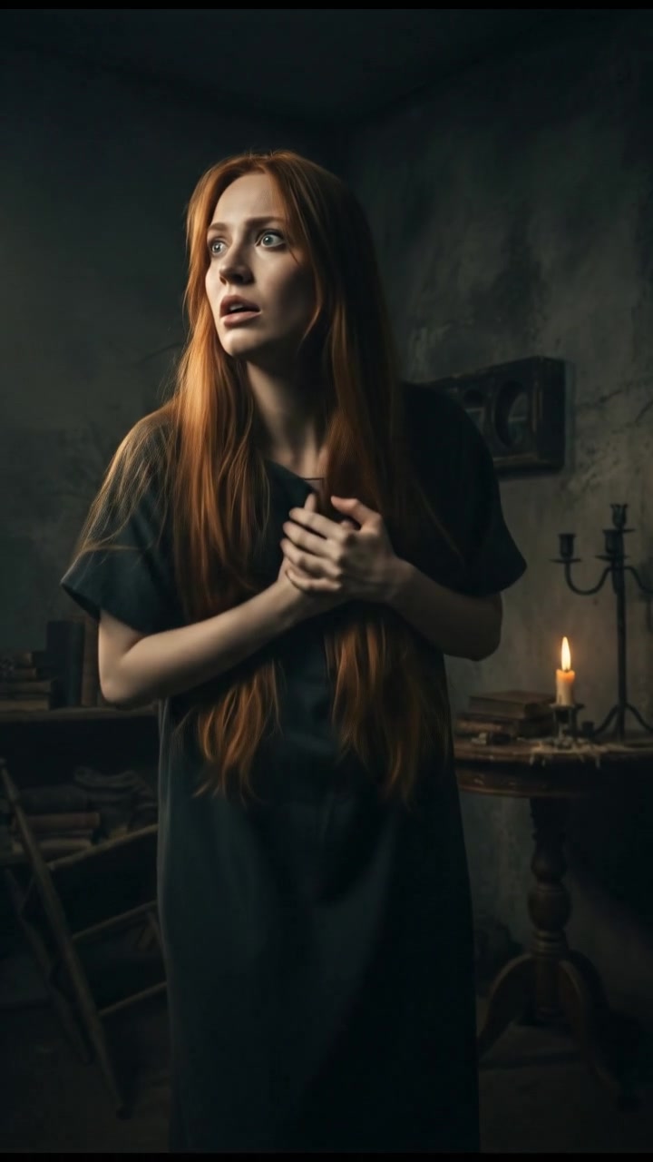 Emma looking startled in a dimly lit room, glancing fearfully around her.