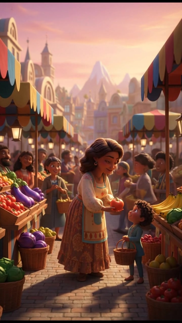 A bustling market scene with colorful stalls, showcasing fruits and vegetables with Monique selling goods.