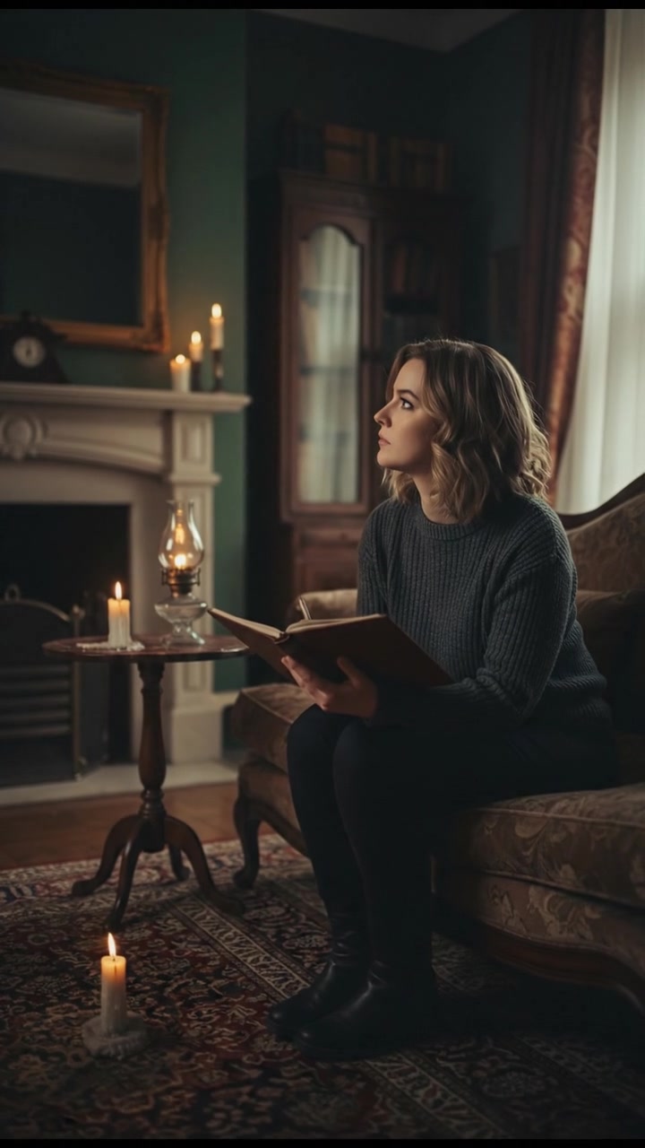 A cozy living room with Ashley sitting on a couch, holding a notebook and looking thoughtful.