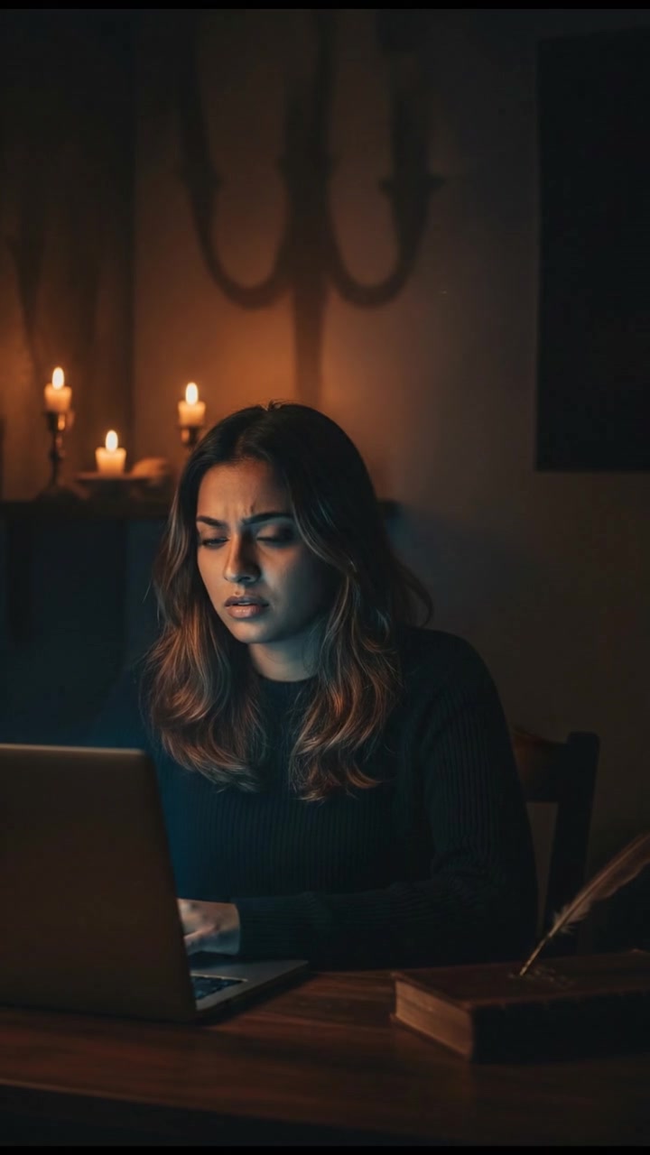 Priya sitting at a desk in a dimly lit room, looking at her laptop with a worried expression.