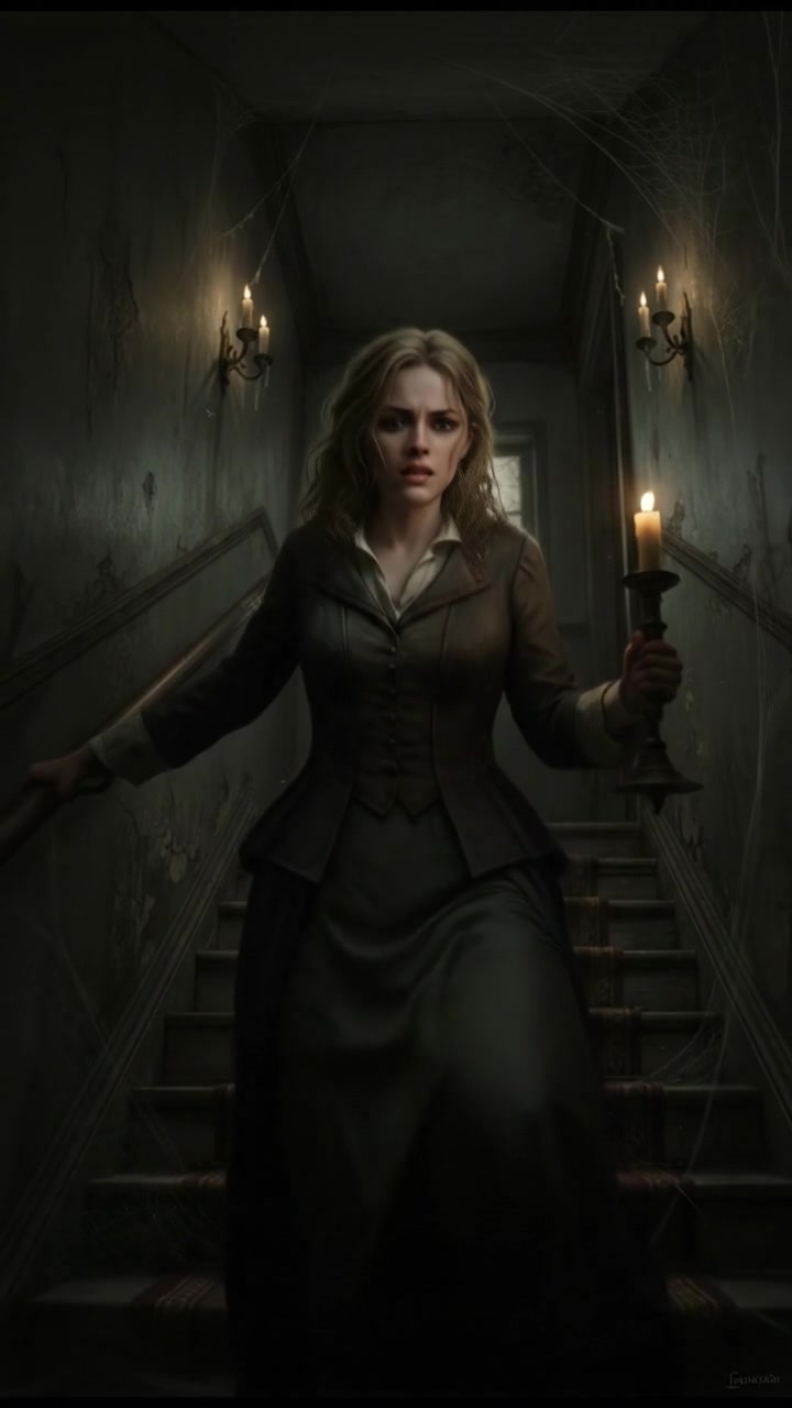 Ashley descending the creaking stairs, her face expressing fear and uncertainty.