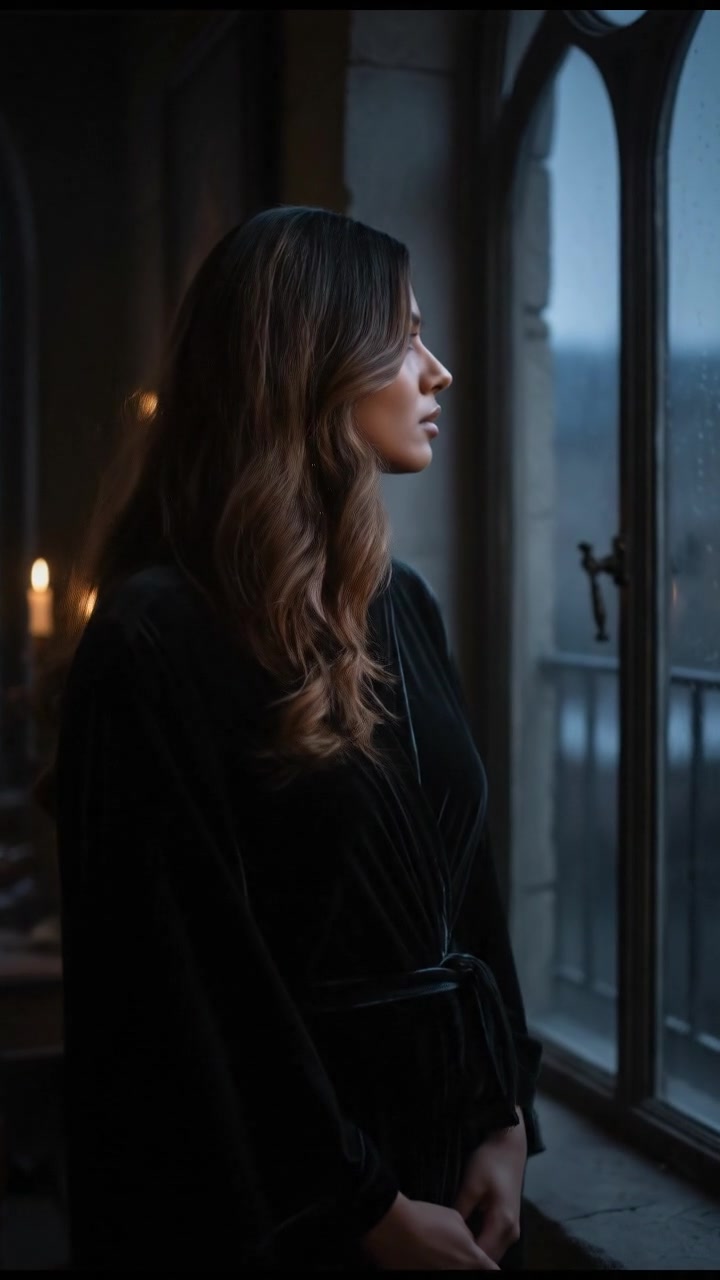 Priya stands by the window, deep in thought, as the light outside begins to dim.