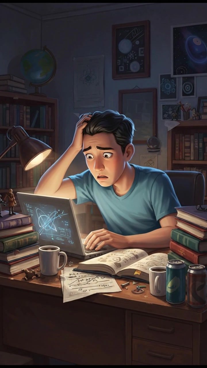 Ken sitting at a cluttered desk with books and a laptop, looking anxious.